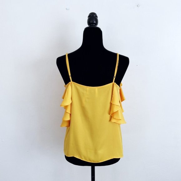 L'Academie X Revolve Marigold Yellow Off-Shoulder Ruffle Satin Cami Top M - Picture 4 of 12